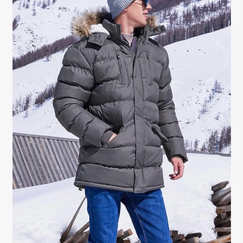 Men's Gray Insulated Puffer Parka with Faux-Fur Hood NWT